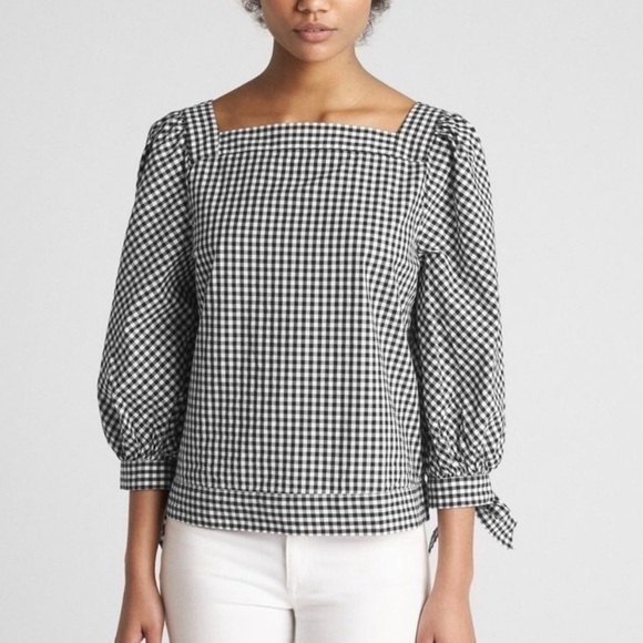GAP Tops - Gap blouse top Women Medium plaid black white tie long sleeve summer cropped